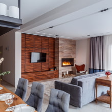 Ruang tamu dengan perapian dan TV: pemandangan, pilihan dinding, idea untuk apartmen dan rumah-6