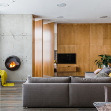 Séjour avec cheminée et TV: vues, options murales, idées pour un appartement et une maison-7