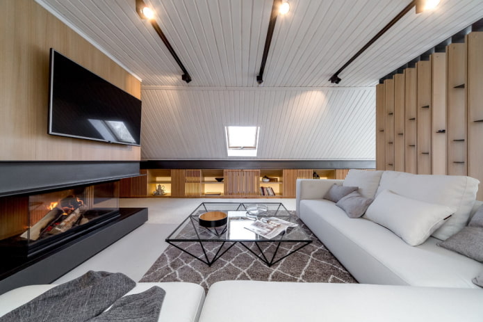 Stue med peis og TV: utsikt, veggalternativer, ideer til en leilighet og et hus