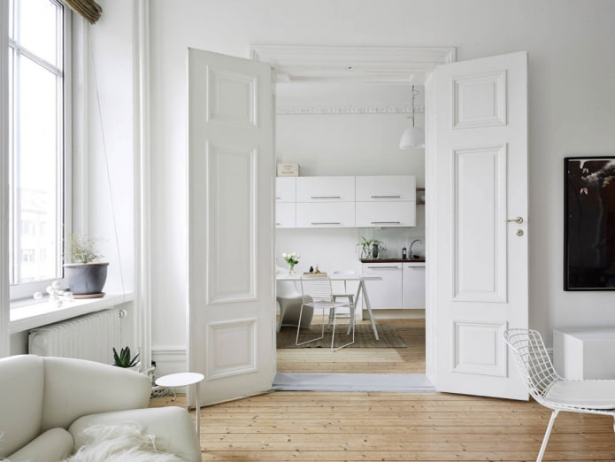 Vita dörrar i interiören: typer, design, beslag, kombination med färg på väggar, golv