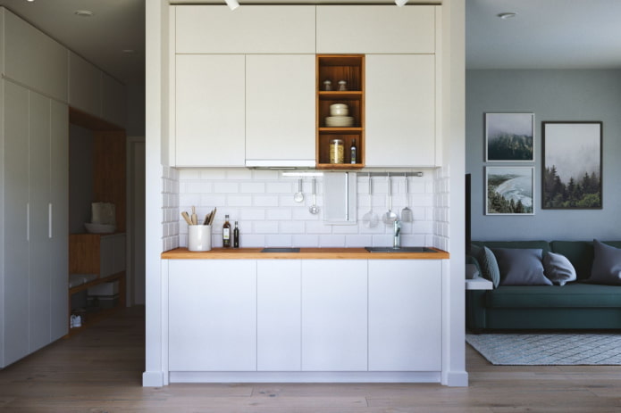 Κουζινάκι στο διαμέρισμα: σχέδιο, σχήματα και διάταξη, χρώμα, επιλογές φωτισμού