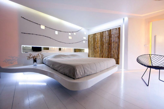 מיטה מרחפת בפנים: סוגים, צורות, עיצוב, אפשרויות עם תאורה אחורית