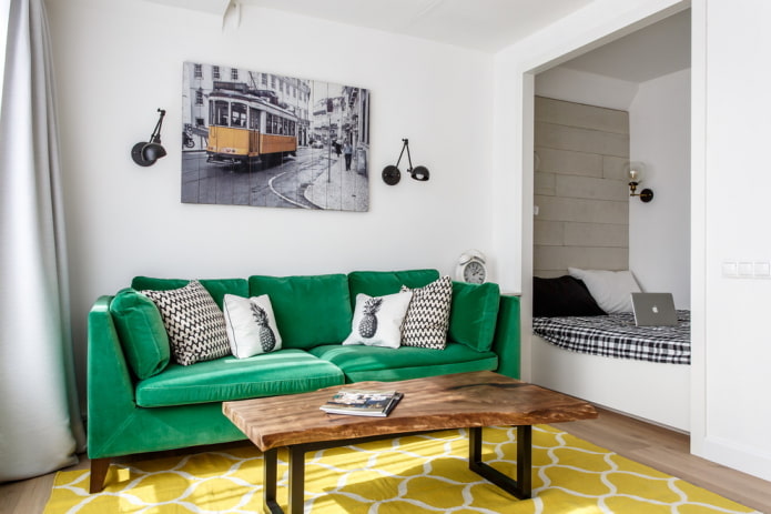 Giường trong phòng khách: loại, hình dạng và kích thước, ý tưởng thiết kế, tùy chọn bố trí