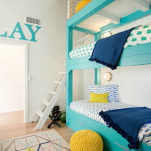 Dječji kreveti na kat: fotografije u unutrašnjosti, vrste, materijali, oblici, boje, dizajn-0