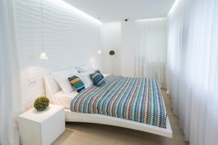 Κρεβάτι στο υπνοδωμάτιο: φωτογραφία, σχέδιο, είδη, υλικά, χρώματα, σχήματα, στυλ, ντεκόρ