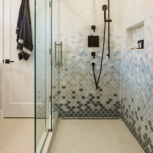 Csempe zuhany: típusok, lapok elrendezése, kivitel, szín, fénykép a fürdőszoba belsejében-1