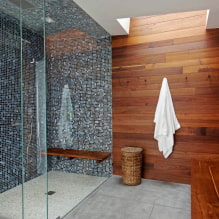 ห้องอาบน้ำของกระเบื้อง: ประเภทรูปแบบของกระเบื้องออกแบบสีภาพถ่ายในการตกแต่งภายในของห้องน้ำ -2