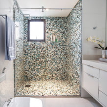 Dusch av plattor: typer, layouter av plattor, design, färg, foto i det inre av badrummet-3
