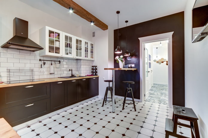 Dlaždice do kuchyně na podlaze: design, typy, barvy, možnosti rozvržení, tvary, styly