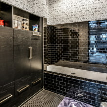 Μαύρο πλακάκι στο μπάνιο: σχέδιο, παραδείγματα σχεδίων, συνδυασμοί, φωτογραφίες στο εσωτερικό-8