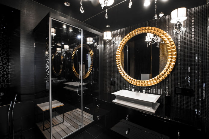 Schwarze Fliesen im Badezimmer: Design, Layoutbeispiele, Kombinationen, Fotos im Innenraum