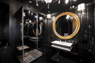 Fekete csempe a fürdőszobában: dizájn, elrendezési példák, kombinációk, fotók a belső terekben