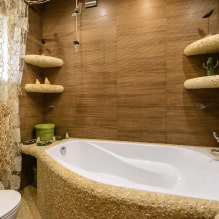 Į medieną panašios plytelės vonios kambaryje: dizainas, tipai, deriniai, spalvos, apdailos ir išdėstymo galimybės-1