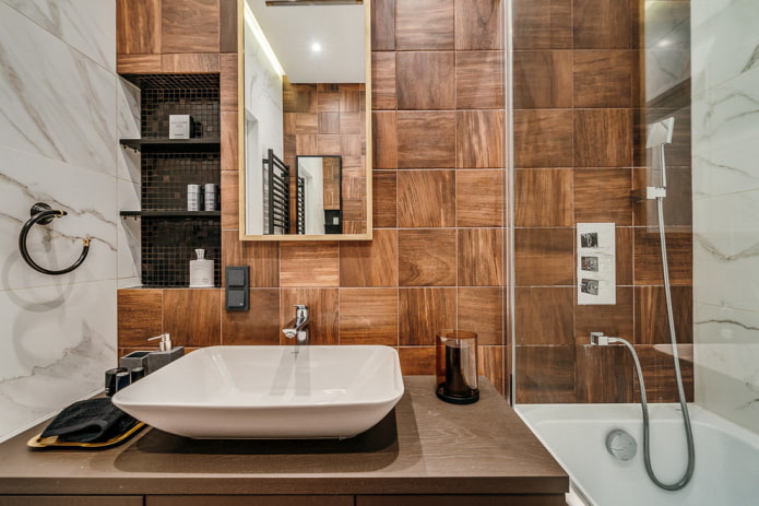 Płytki drewnopodobne w łazience: projekt, rodzaje, kombinacje, kolory, okładziny i opcje układu