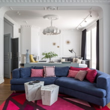 Sofa biru di pedalaman: jenis, mekanisme, reka bentuk, bahan upholstery, warna, kombinasi-1