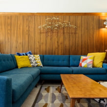Sofa biru di pedalaman: jenis, mekanisme, reka bentuk, bahan upholstery, warna, kombinasi-2