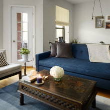 Blaues Sofa im Innenraum: Typen, Mechanismen, Design, Polstermaterialien, Schirme, Kombinationen-3