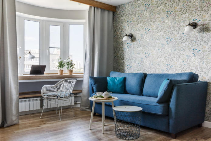 Sofa biru di pedalaman: jenis, mekanisme, reka bentuk, bahan upholsteri, warna, kombinasi