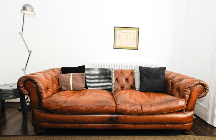 Sofa coklat di pedalaman: jenis, reka bentuk, bahan upholsteri, warna, kombinasi