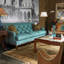 Sofa turquoise di pedalaman: jenis, bahan upholsteri, warna warna, bentuk, reka bentuk, kombinasi-0