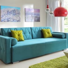Sofá turquesa en el interior: tipos, materiales de tapicería, tonos de color, forma, diseño, combinación-1