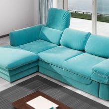 İç mekanda turkuaz kanepe: çeşitleri, döşemelik malzemeler, renk tonları, şekil, tasarım, kombinasyon-4