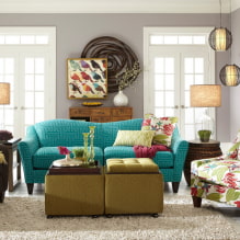 Turquoise sofa di pedalaman: jenis, bahan upholsteri, warna warna, bentuk, reka bentuk, gabungan-6