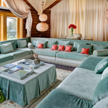 Turquoise sofa di pedalaman: jenis, bahan upholsteri, warna warna, bentuk, reka bentuk, gabungan-7