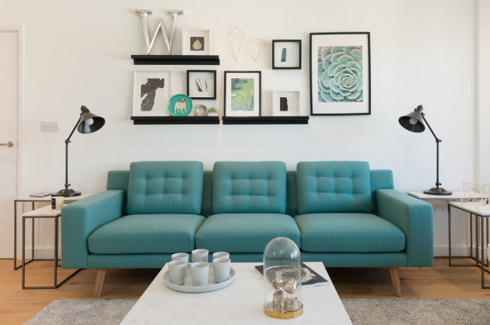 Turkoosi sohva sisustuksessa: tyypit, verhoilumateriaalit, värisävyt, muodot, muotoilu, yhdistelmät