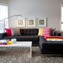 Sort sofa i det indre: polstermaterialer, nuancer, figurer, designideer, kombinationer-0