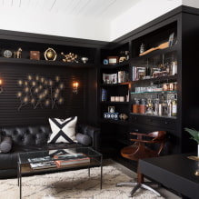 Czarna sofa we wnętrzu: materiały obiciowe, odcienie, kształty, pomysły projektowe, kombinacje-1