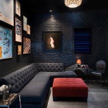 Fekete kanapé a belső térben: kárpitozott anyagok, árnyalatok, formák, formatervezési ötletek, kombinációk-2