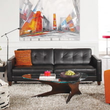 Sofa hitam di kawasan pedalaman: bahan upholsteri, warna, bentuk, idea reka bentuk, gabungan -8