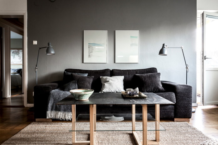 Sort sofa i det indre: polstermaterialer, nuancer, figurer, designideer, kombinationer