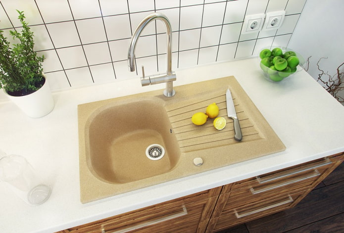 Kitchen sinks made of artificial stone: interior photos, types, materials, shapes, colors