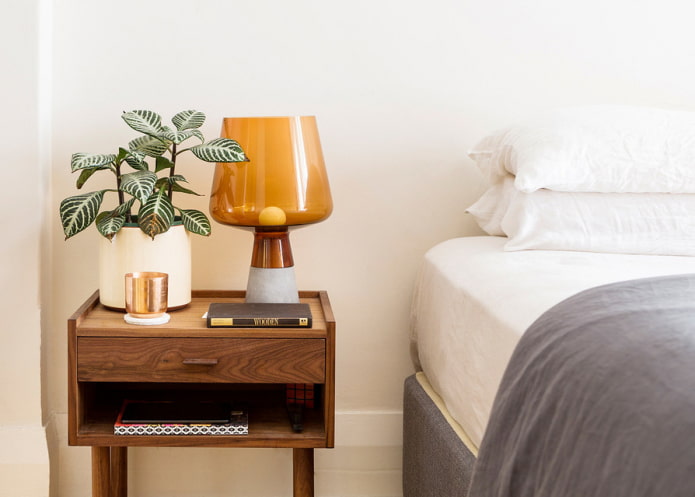 Bedside tables: design, types, materials, colors, decor, photo in the interior