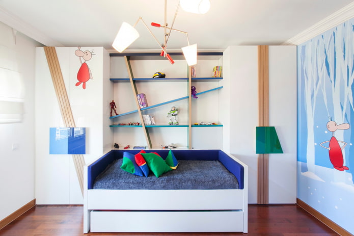 Garderob i barnkammaren: typer, material, färg, design, layout, exempel i interiören