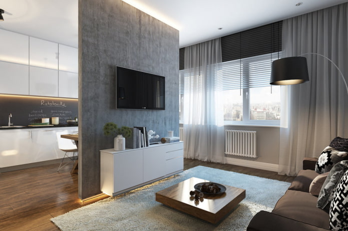 Design Studio Apartment 30 Quadratmeter. m. - Innenaufnahmen, Ideen für die Platzierung von Möbeln, Beleuchtung