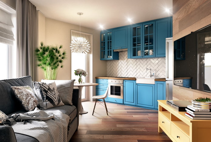 Kitchen-studio: layout, zoning, forms of kitchen sets, the choice of furniture and appliances