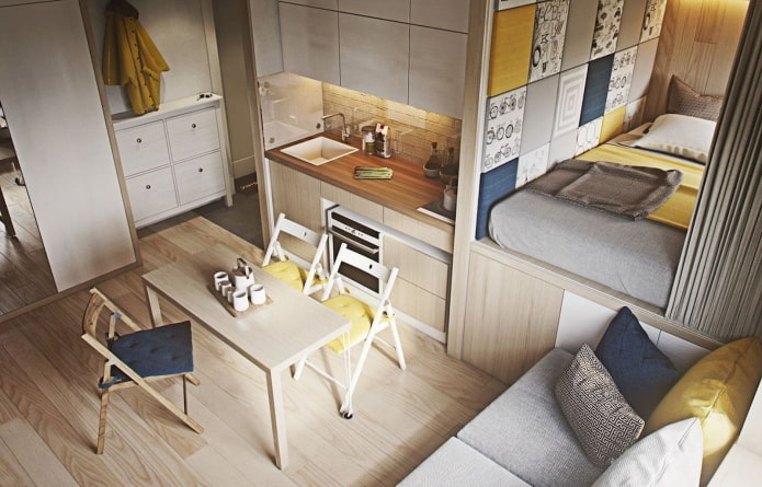 Dizaina studijas tipa dzīvoklis 20 kvadrātmetru platībā. m. - interjera foto, krāsas izvēle, apgaismojums, idejas par izkārtojumu