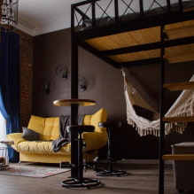 Vienistabas dzīvoklis bēniņu stilā: dizaina idejas, apdares materiālu izvēle, mēbeles, apgaismojums-7