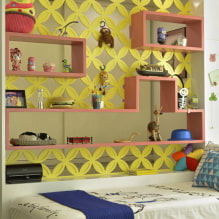Ράφια πάνω από το κρεβάτι: σχέδιο, χρώμα, είδη, υλικά, επιλογές διάταξης-8