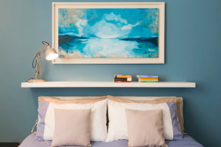 Police iznad kreveta: dizajn, boja, vrste, materijali, mogućnosti izgleda