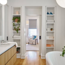 מדפים בחדר האמבטיה: סוגים, עיצוב, חומרים, צבעים, צורות, אפשרויות מיקום -1