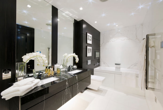 Црно-бијело купатило: избор завршних радова, водовод, намештај, дизајн тоалета