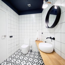 Μαύρο και άσπρο λουτρό: η επιλογή των τελειωμάτων, των υδραυλικών εγκαταστάσεων, των επίπλων, του σχεδιασμού της τουαλέτας-0