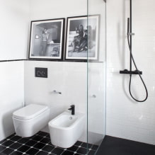 Baño blanco y negro: la elección de acabados, plomería, muebles, diseño de inodoro-3