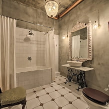 Bilik mandi gaya loteng: pilihan kemasan, warna, perabot, paip dan hiasan-0