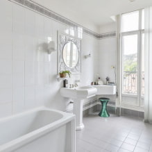 Λευκό μπάνιο: σχεδιασμός, συνδυασμοί, διακόσμηση, υδραυλικά, έπιπλα και διακόσμηση-3