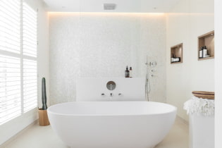 Fehér fürdőszoba: dizájn, kombinációk, dekoráció, vízvezeték, bútorok és dekoráció